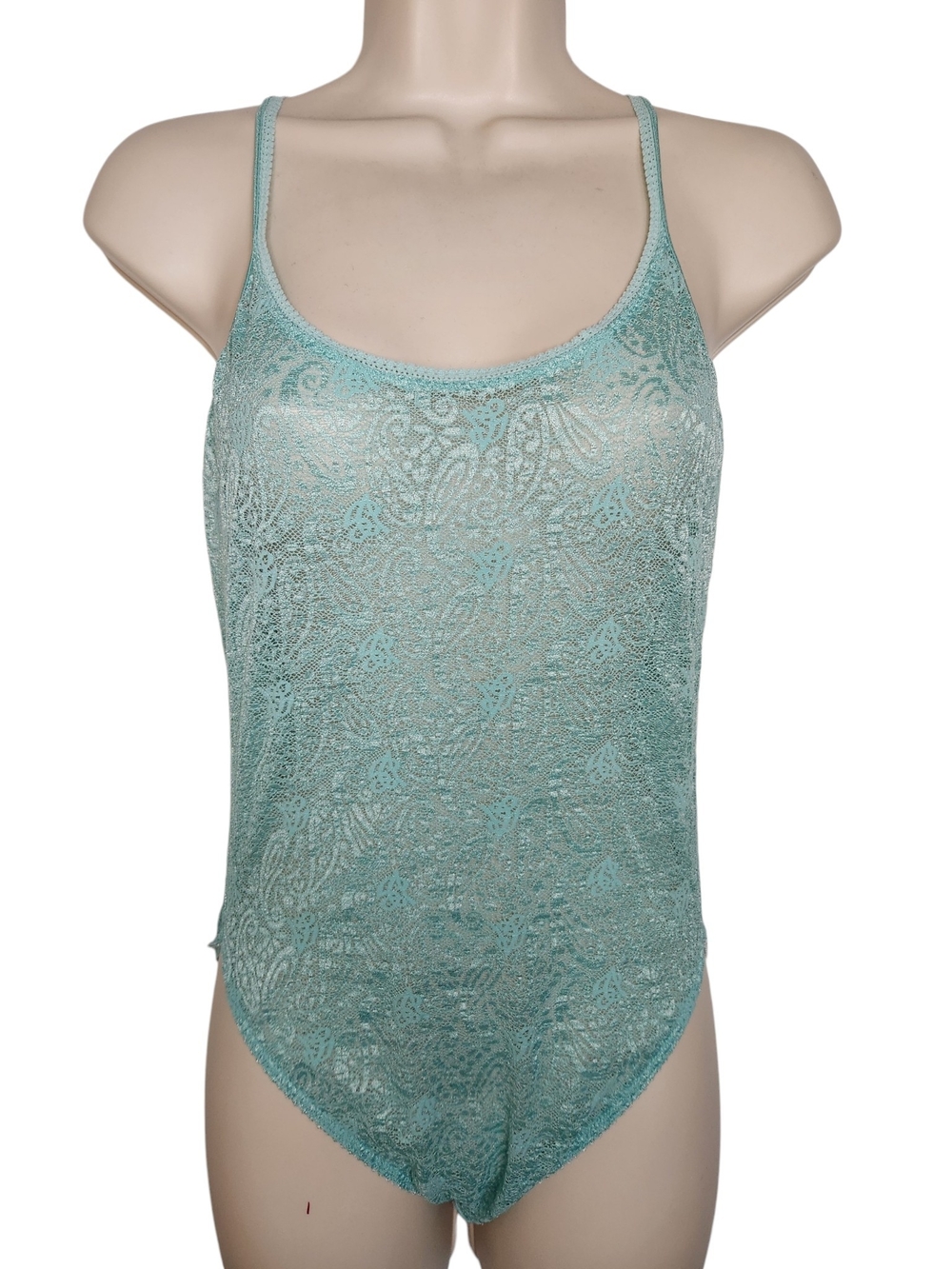 Vintage Valentino Intimo 80s 90s Sheer Lace Teddy Bodysuit Aqua 36 USA